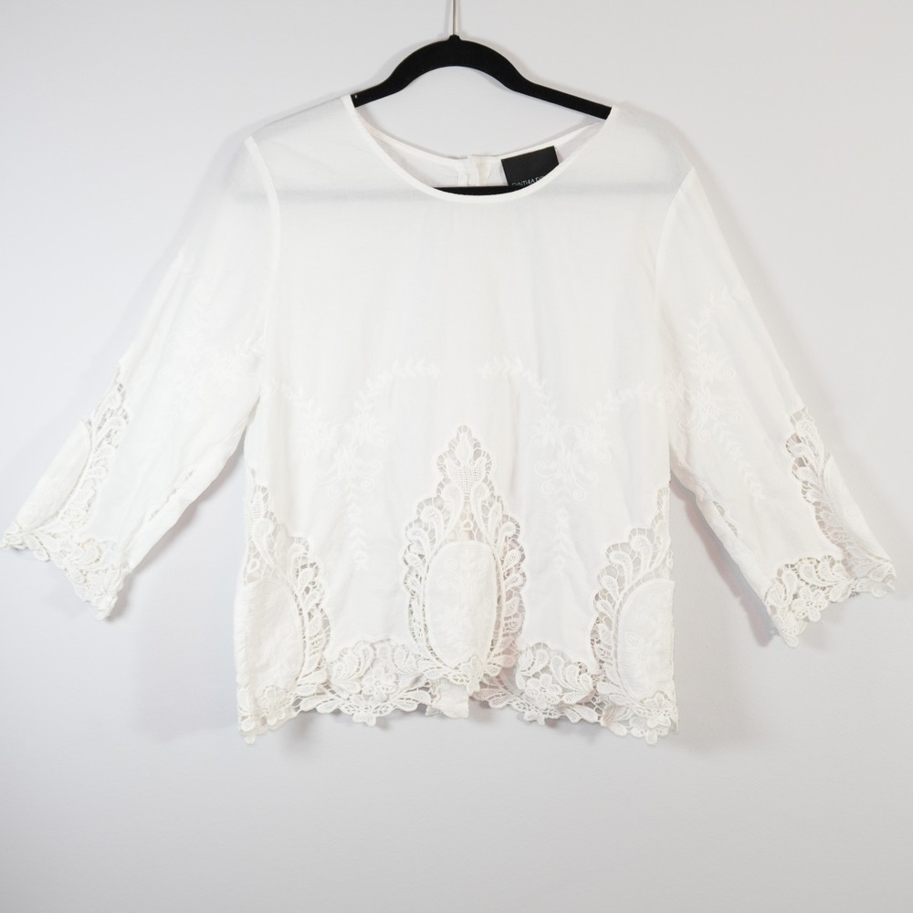 Cynthia Rowley White Cotton Lace Blouse L Embroidered Boho Peasant Top Large